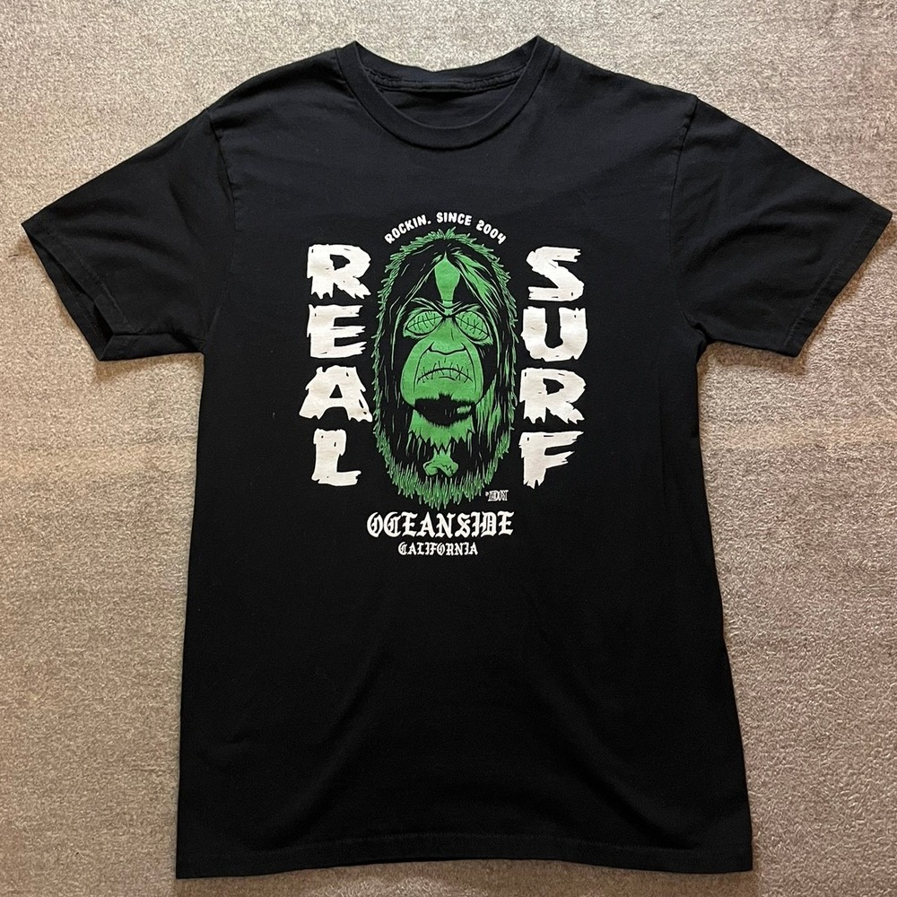 Real Surf Oceanside California Black Graphic T-Shirt Surfer Mens Small Green
